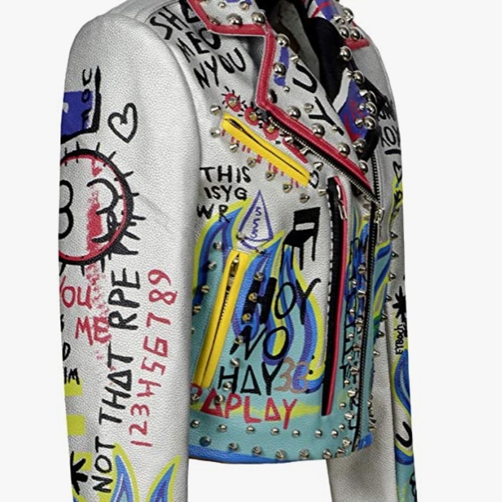 ❌SOLD❌ NWT Graffiti Punk, Rock & Roll Multi Color Graphic Spike & Rivet Moto,XL - Picture 8 of 16